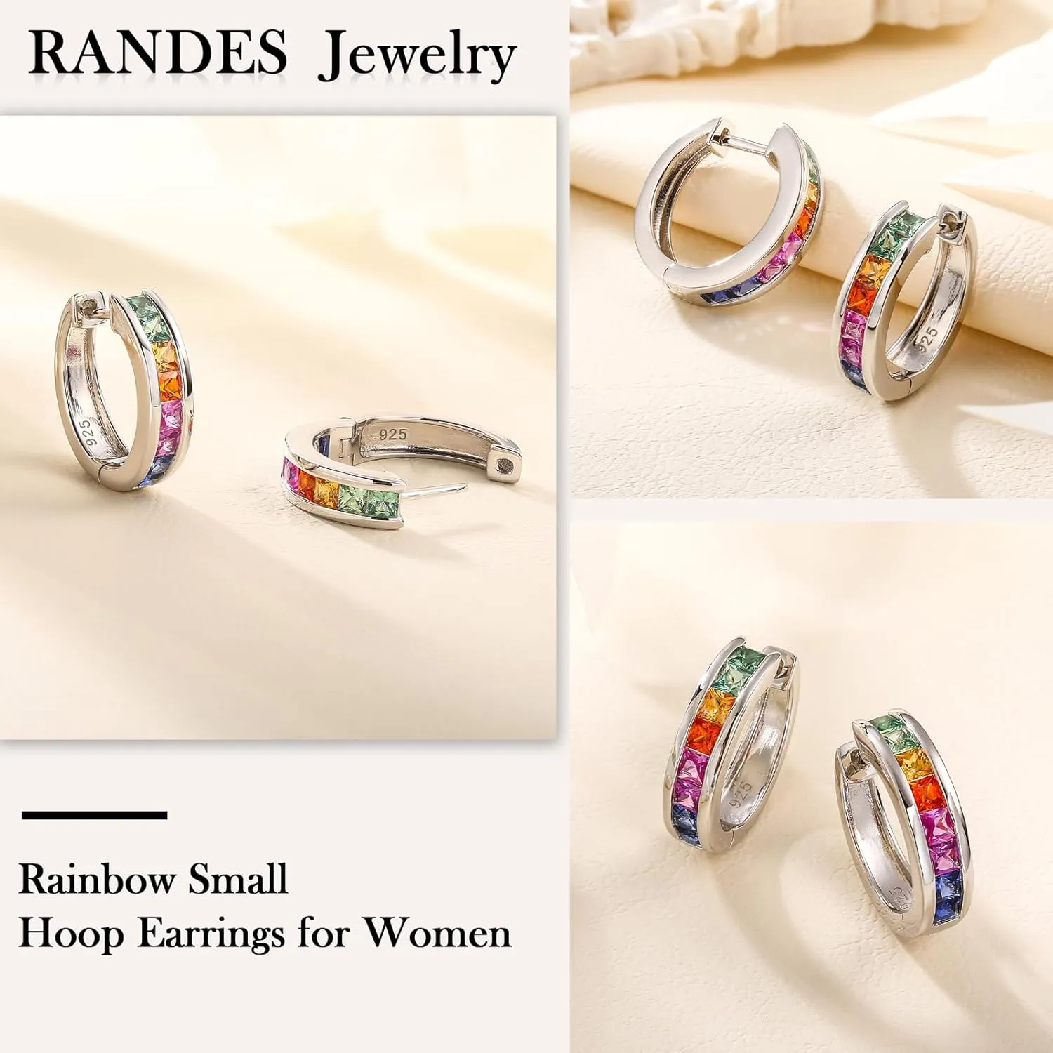 925 Sterling Silver Small Hoop Earrings for Women Girls Colorful Gemstone Emerald CZ Rose Gold Huggie Hoop Earrings