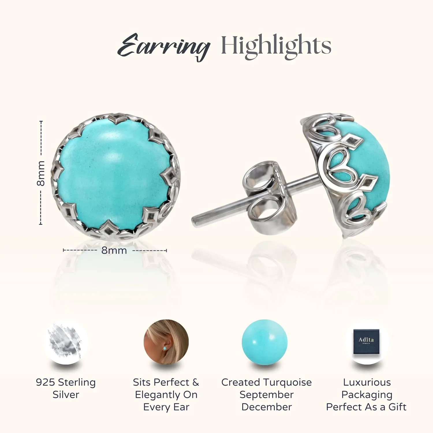 925 Sterling Silver Turquoise Studs Earrings for Women - Sterling Silver Earrings Studs - December Birthstone Earrings - Turquoise Earrings for Women - Minimalist Earrings for Women