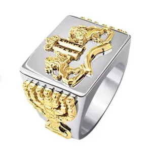 9k Gold Ten Commandments Menorah Lion Mens Ring