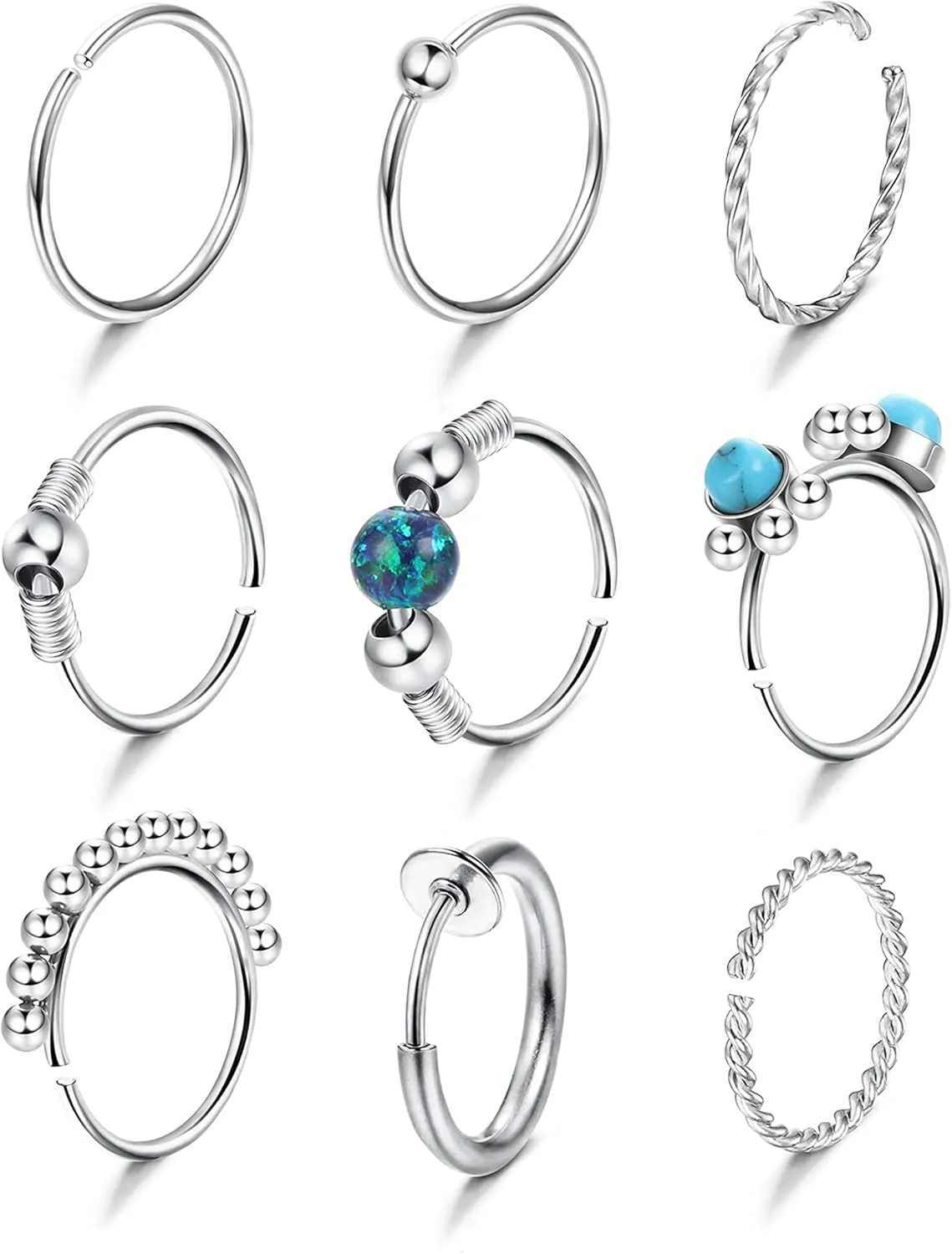 9Pcs Nose Rings Hoops for Women 20G Multi-Shaped 8MM Nose Ring Shiny CZ Cute Septum Nose Rings Bead Heart Butterfly Star Nose Hoop Daith Rook Cartilage Nose Piercing Jewelry Lip Septum Ring