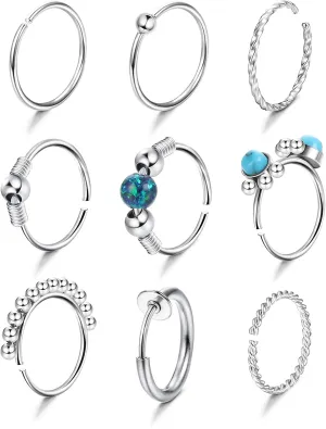 9Pcs Nose Rings Hoops for Women 20G Multi-Shaped 8MM Nose Ring Shiny CZ Cute Septum Nose Rings Bead Heart Butterfly Star Nose Hoop Daith Rook Cartilage Nose Piercing Jewelry Lip Septum Ring