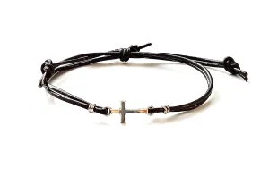 Adjustable bracelet with Christian cross Unique bracelet for women men kids Cross bracelet Small silver cross Leather braided bracelet (Black)