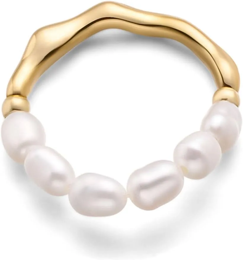 Adjustable Freshwater Pearl Rings with 16k Gold Plated Brass Stretch Pearl Rings Cute Jewelry Gifts for Women Teen Girls