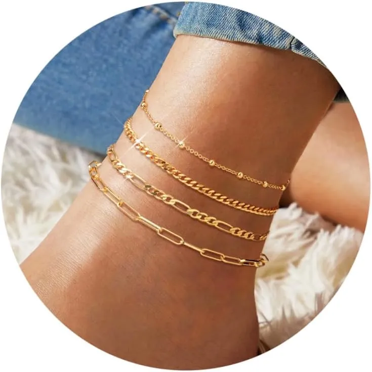 adoyi Gold Anklets Bracelets for Women 14K Gold Plated Ankle for Women Waterproof Gold Anklet Set Cuban Figaro Paperclip Link Chain Beach Anklets Adjustable Gold Jewelry Set Gift 8.0/8.5/9.0"