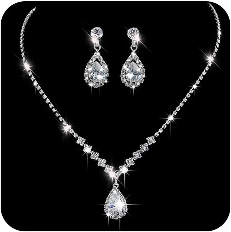Adzoni Silver Bridal Jewelry Set Rhinestone Necklace Earrings for Bride Bridesmaid Teardrop Pendant Crystal Wedding Prom Jewelry Accessories for Women