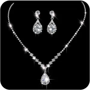Adzoni Silver Bridal Jewelry Set Rhinestone Necklace Earrings for Bride Bridesmaid Teardrop Pendant Crystal Wedding Prom Jewelry Accessories for Women