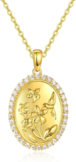 AENEAS Hummingbird Necklace for Women Sterling Silver Gold Plated Oval Hummingbird Pendant Jewelry Gift for Women