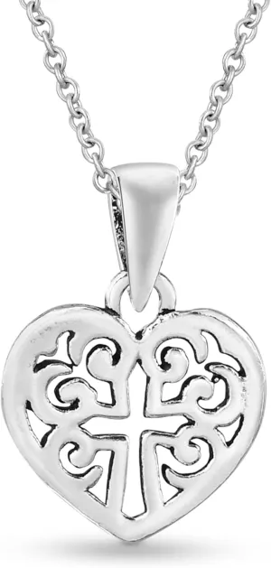 AeraVida Mini Open Heart with Cross Lily Flower Swirl .925 Sterling Silver Necklace | Sterling Silver Necklace