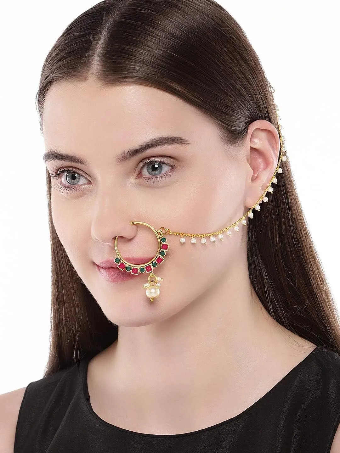 Aheli Traditional Gold Plated Beautiful Nose Ring Nathiya with Long Chain Bridal Women Jewelry Gift for Women