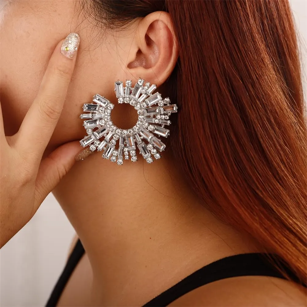 Aimimier Bohemian Full Rhinestone Big Stud Earrings Sunflower Crystal Statement Earrings Prom Party Festival Jewelry for Women