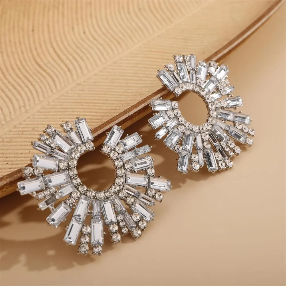 Aimimier Bohemian Full Rhinestone Big Stud Earrings Sunflower Crystal Statement Earrings Prom Party Festival Jewelry for Women