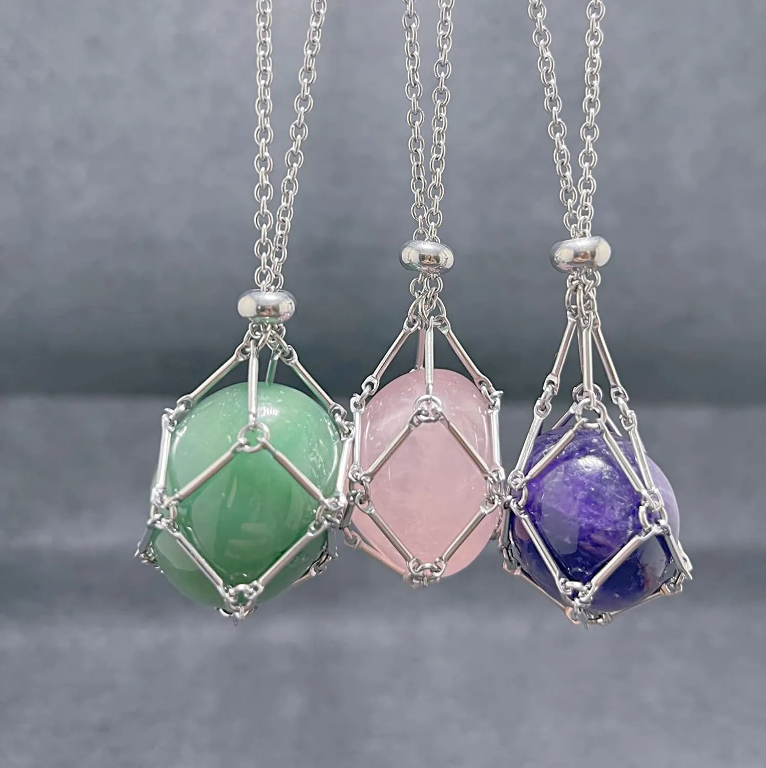 AITELEI Handmade Crystal Stone Holder Necklace Stainless Steel Cage Crystal Pendant Necklaces Adjustable Crystal Stone Chain Mesh Gemstone Jewelry for Women Men Gift