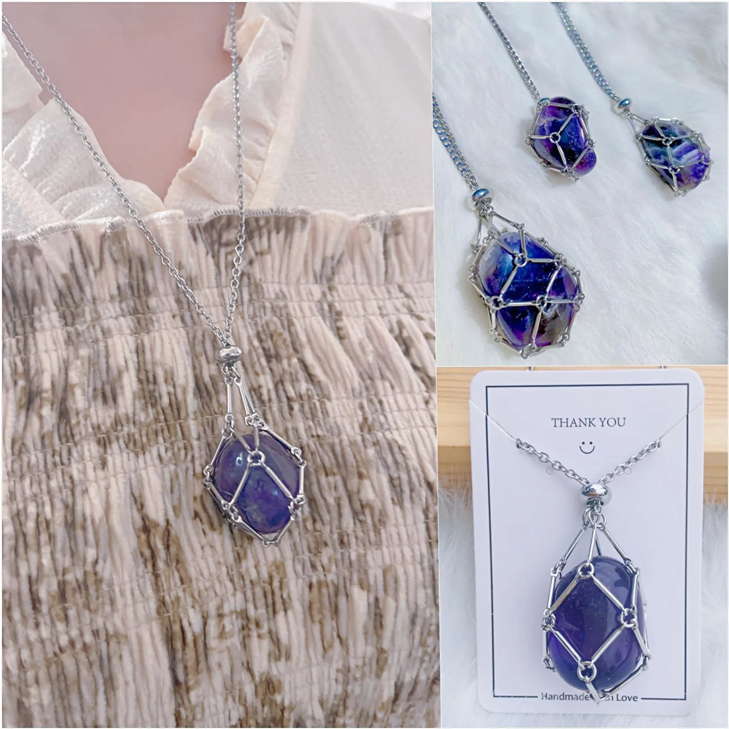 AITELEI Handmade Crystal Stone Holder Necklace Stainless Steel Cage Crystal Pendant Necklaces Adjustable Crystal Stone Chain Mesh Gemstone Jewelry for Women Men Gift