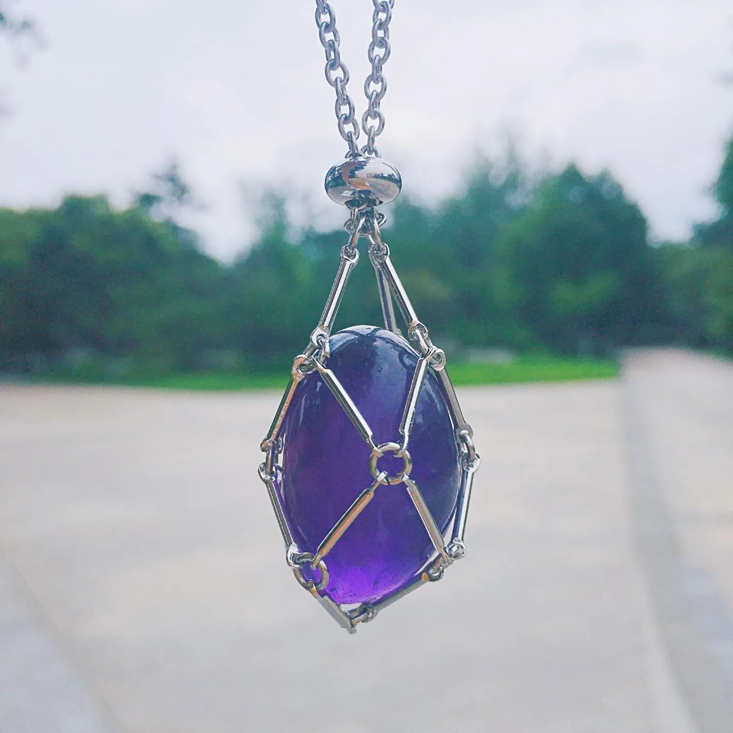 AITELEI Handmade Crystal Stone Holder Necklace Stainless Steel Cage Crystal Pendant Necklaces Adjustable Crystal Stone Chain Mesh Gemstone Jewelry for Women Men Gift