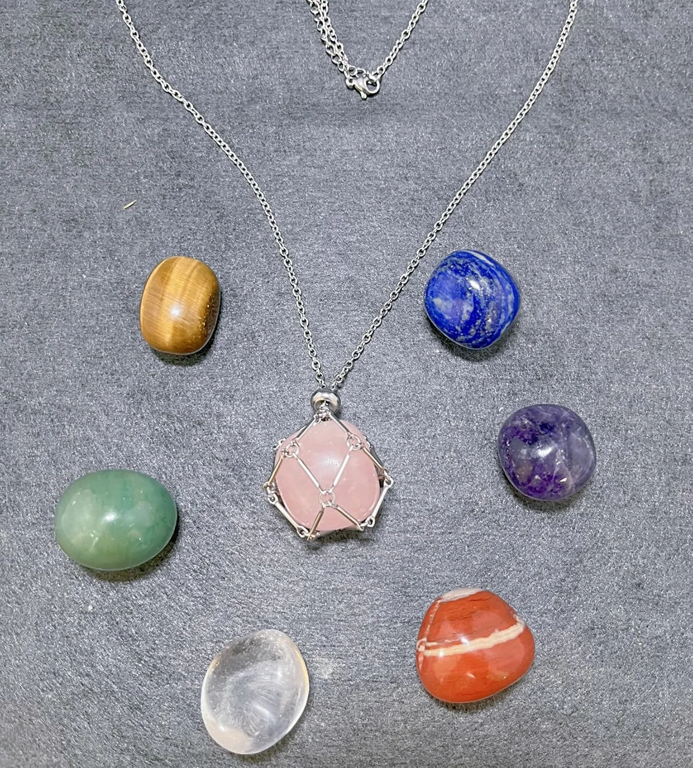 AITELEI Handmade Crystal Stone Holder Necklace Stainless Steel Cage Crystal Pendant Necklaces Adjustable Crystal Stone Chain Mesh Gemstone Jewelry for Women Men Gift