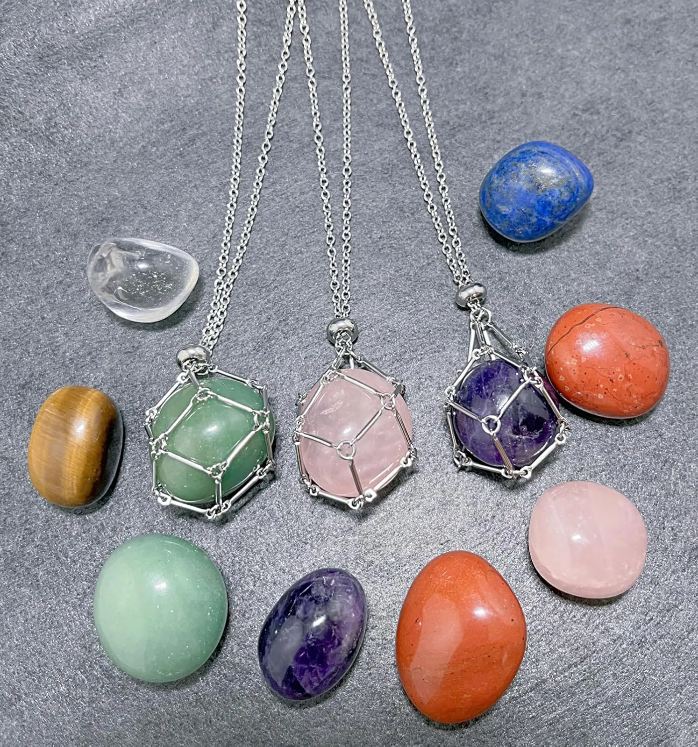 AITELEI Handmade Crystal Stone Holder Necklace Stainless Steel Cage Crystal Pendant Necklaces Adjustable Crystal Stone Chain Mesh Gemstone Jewelry for Women Men Gift