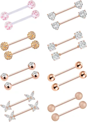 Akeoqi 8 Pairs Nipple Rings Tongue Ring 14G Stainless Steel CZ Ball Heart Butterfly Nipple Straight Barbells Body Piercing Jewelry for Women Men Silver Rose Gold Tone 14mm