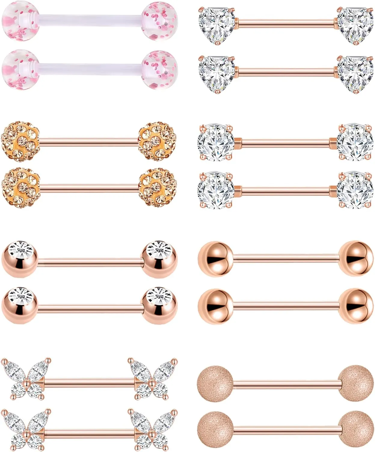 Akeoqi 8 Pairs Nipple Rings Tongue Ring 14G Stainless Steel CZ Ball Heart Butterfly Nipple Straight Barbells Body Piercing Jewelry for Women Men Silver Rose Gold Tone 14mm