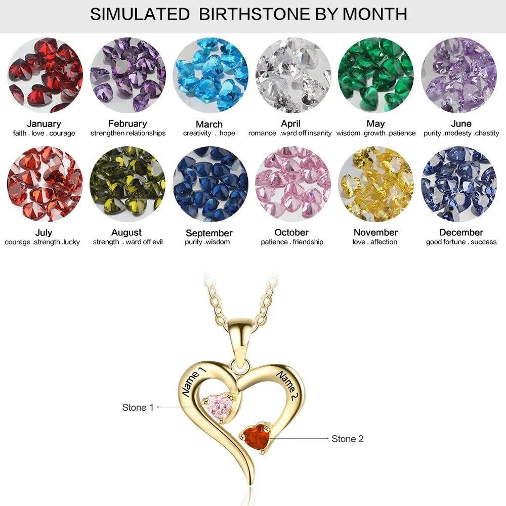 ALBERTBAND Personalized Heart Birthstones Necklace for Women with 2-5 Birthstones and Names Custom Necklace for Mom Necklace Jewelry Mothers Day Gift
