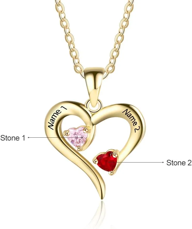 ALBERTBAND Personalized Heart Birthstones Necklace for Women with 2-5 Birthstones and Names Custom Necklace for Mom Necklace Jewelry Mothers Day Gift