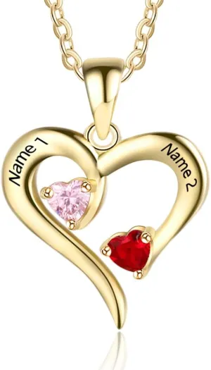 ALBERTBAND Personalized Heart Birthstones Necklace for Women with 2-5 Birthstones and Names Custom Necklace for Mom Necklace Jewelry Mothers Day Gift