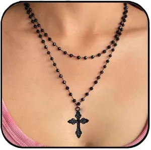 Aluinn Black Choker Necklace for Women Cross Onyx Goth Necklace Adjustable Layered moon Choker Necklace Gothic Jewelry Gifts for Women (Cross)
