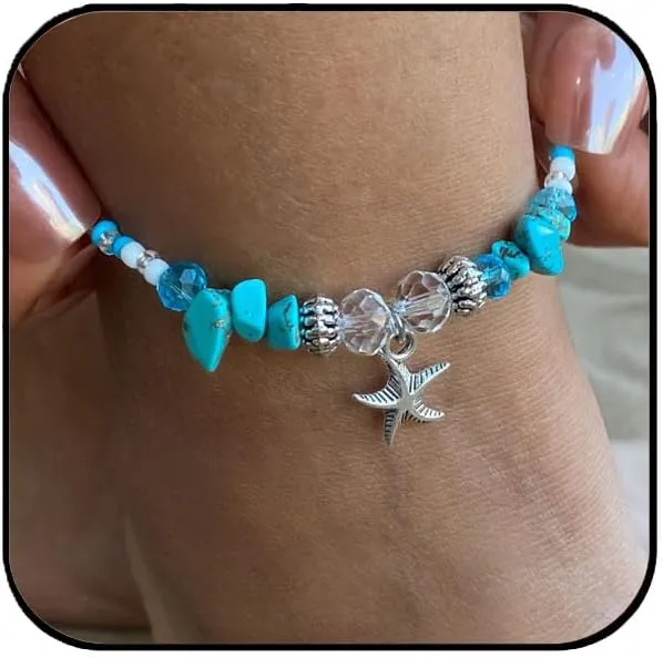 Aluinn Starfish Ankle for Women Turquoise Anklets Bracelets Rope Beach Boho Waterproof Bead Anklets Foot Jewelry for Women Gifts