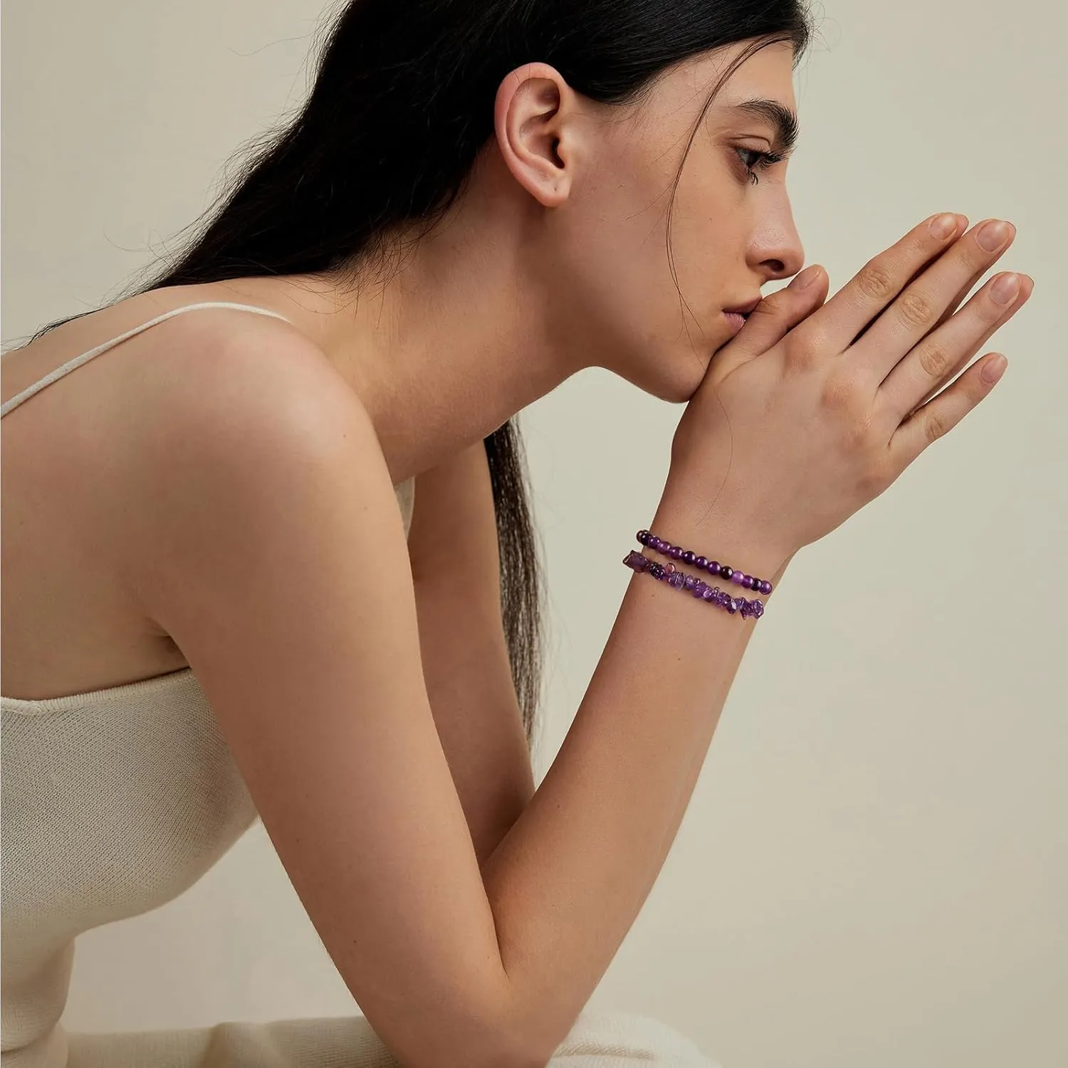 Amethyst Bracelets for Women Natural Stone Healing Beaded Bracelet Stress Anxiety Relief Watermelon Crystals Moonstone Opal Hematite Stretch Jewelry Gift for Women