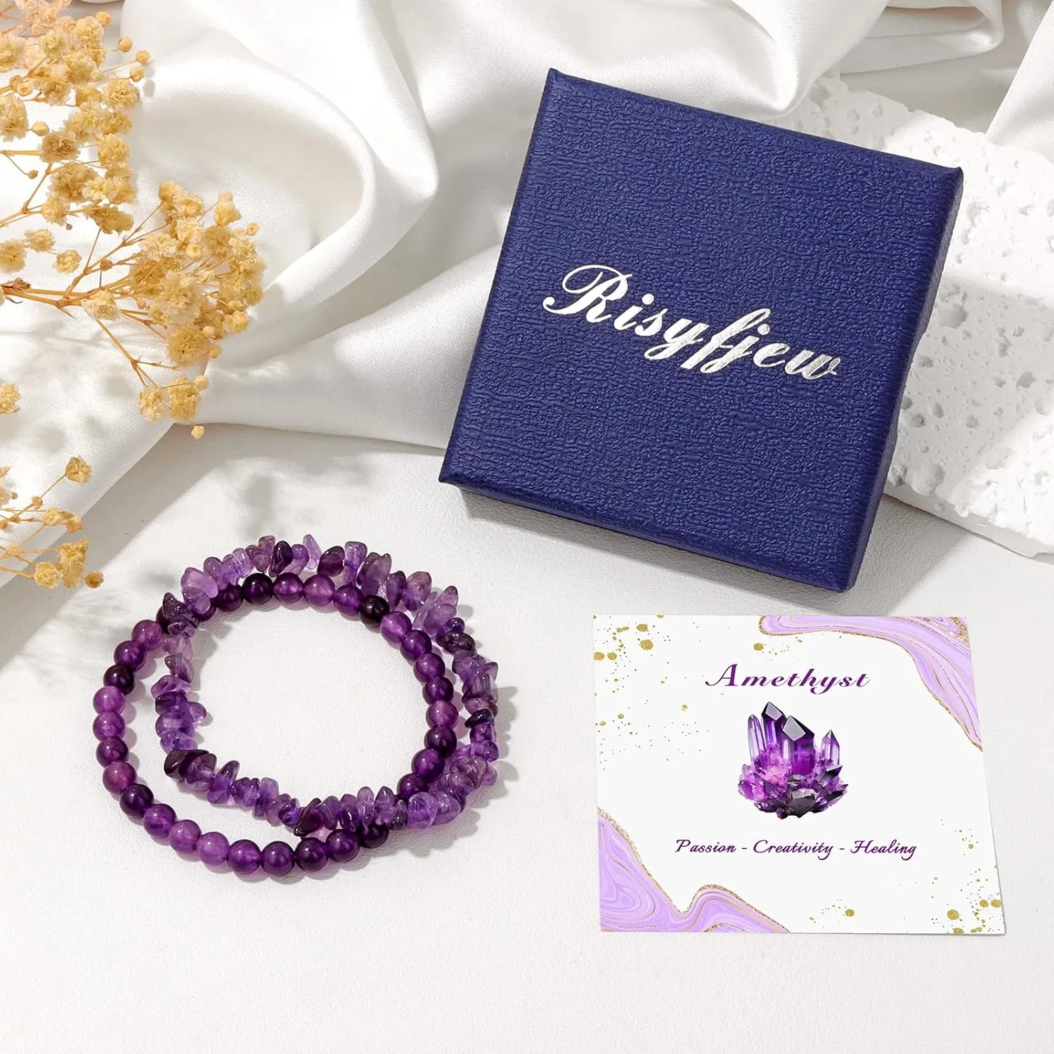 Amethyst Bracelets for Women Natural Stone Healing Beaded Bracelet Stress Anxiety Relief Watermelon Crystals Moonstone Opal Hematite Stretch Jewelry Gift for Women