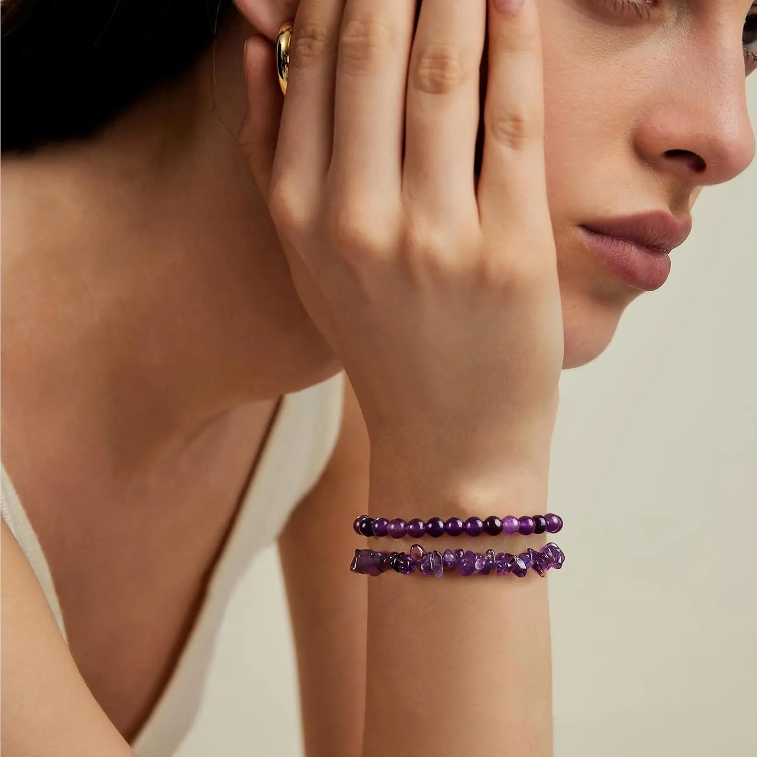 Amethyst Bracelets for Women Natural Stone Healing Beaded Bracelet Stress Anxiety Relief Watermelon Crystals Moonstone Opal Hematite Stretch Jewelry Gift for Women