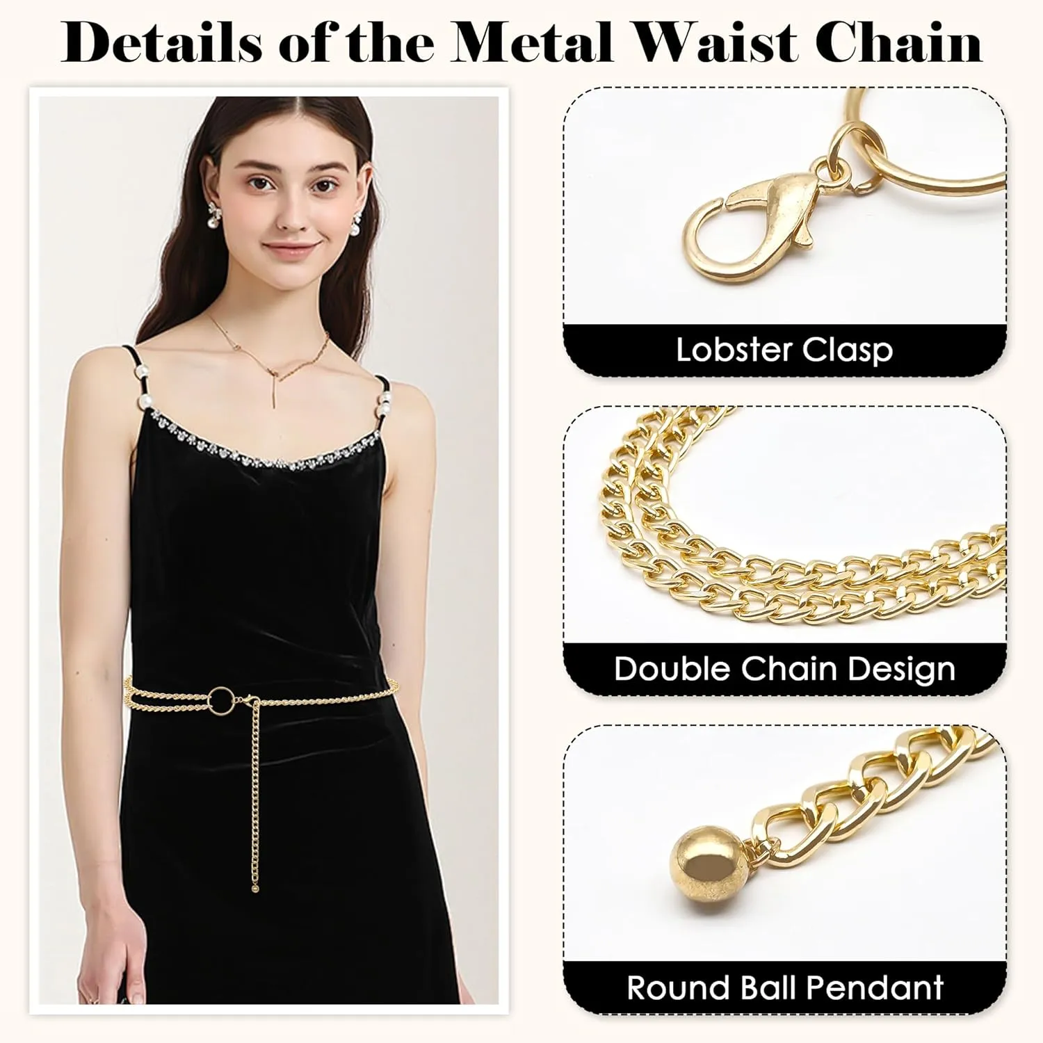 Ammiko Waist Chain Belt for Women Fashion Body Belly Link Belt Ring Metal Chain Belts for Jeans Dress Alloy Ladies