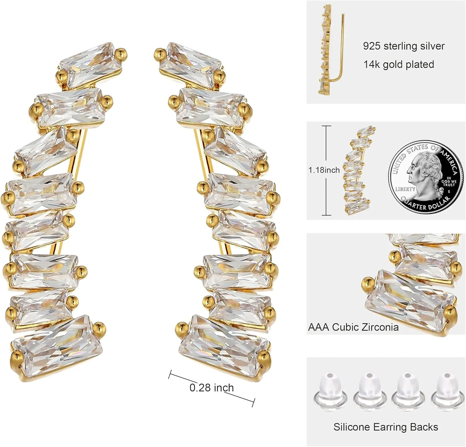 AMORAMOR & FOREVER Sterling Silver Ear Climbers Earrings For Women 14K White Gold Plated Ear Cuff Crawler Earrings For Women Hypoallergenic 8 Square CZ Cubic Zirconia Studs