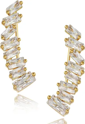 AMORAMOR & FOREVER Sterling Silver Ear Climbers Earrings For Women 14K White Gold Plated Ear Cuff Crawler Earrings For Women Hypoallergenic 8 Square CZ Cubic Zirconia Studs