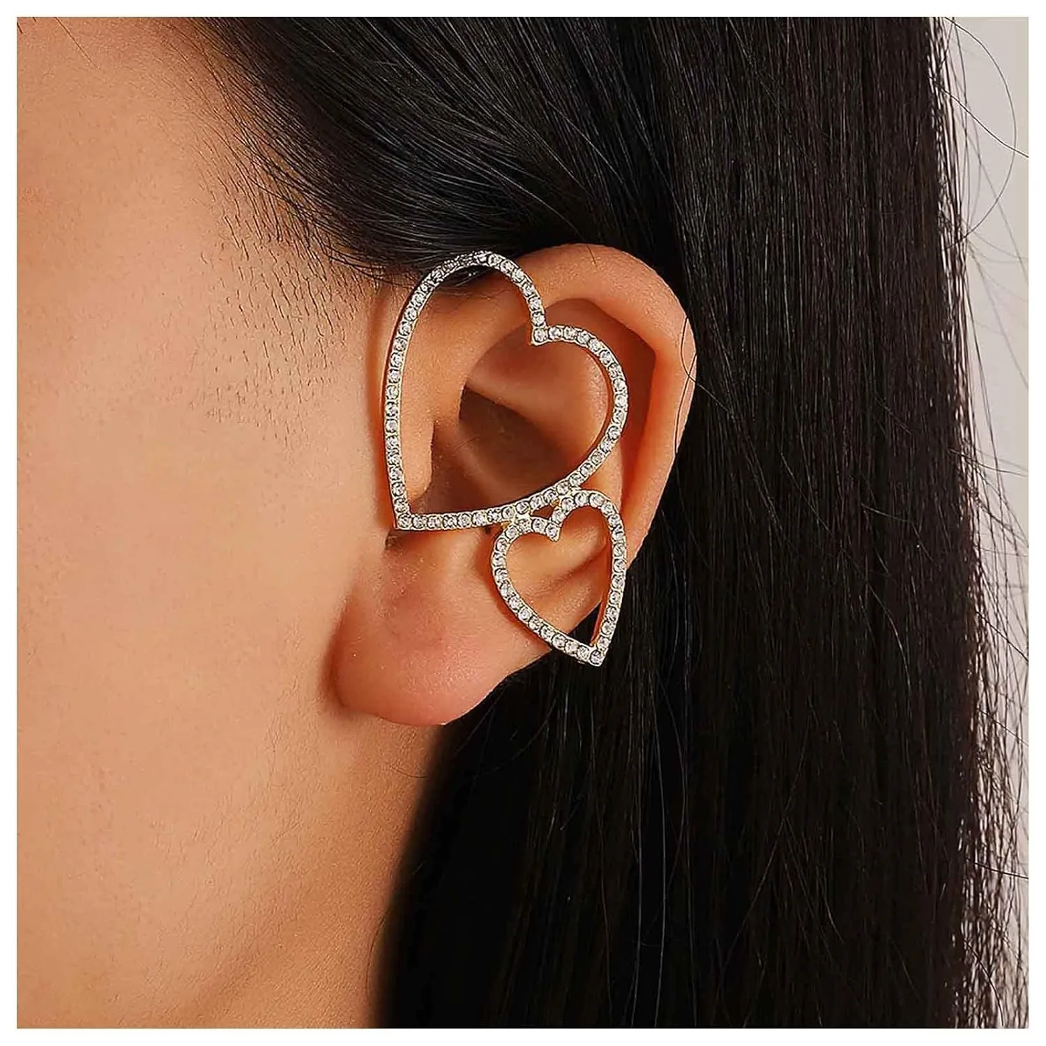 Andelaisi Boho Crystal Heart Cuff Wrap Earrings Silver Rhinestone Heart Ear Clip Earrings Vintage Crystal Cz Heart Earrings Sparkly Cz Heart Cartilage Ear Wrap Earrings for Women