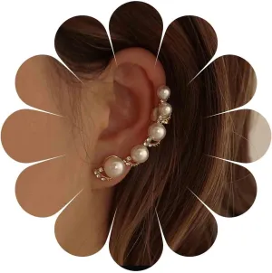 Andelaisi Boho Crystal Pearl Ear Climber Earrings Gold Rhinestone Pearl Ear Cuff Wrap Crawler Earrings Vintage Pearl Cuff Wrap Earrings Bling Cz Crawler Climber Earrings Jewelry for Women