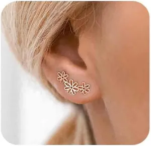 Andelaisi Boho Flower Climber Warp Earrings Gold Flower Ear Climber Earrings Tri Flower Stud Earrings Vintage Flower Crawlers Earring Minimalist Flower Wrap Earrings Jewelry for Women