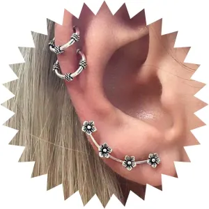 Andelaisi Boho Flower Ear Climber Earrings Vintage Plum Blossoms Stud Earrings Silver Flower Cuff Wrap Crawler Earrings Personalized Flower Ear Cuff Earrings Jewelry for Women