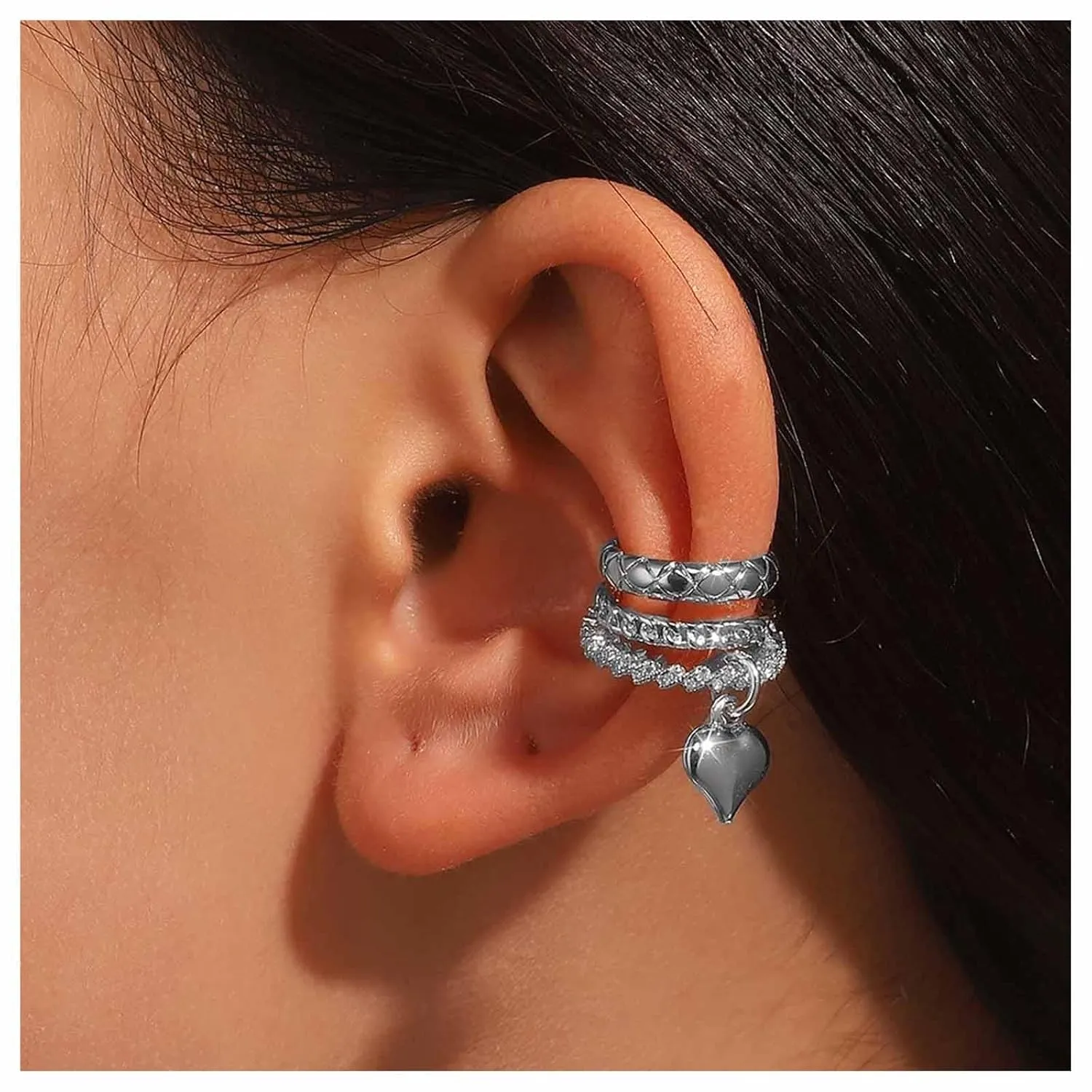 Andelaisi Boho Heart Dangle Ear Cuff Earrings Vintage Heart Clip On Earrings Silver Heart Drop Cartilage Earrings No Piercing Clip Earrings Jewelry for Women