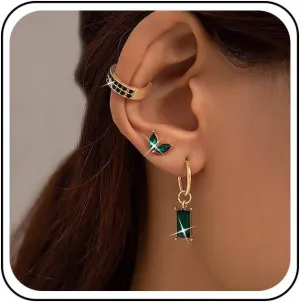Andelaisi Boho Layered Ear Cuff Wrap Earring Crystal Cartilage Cuff Earrings Vintage Cartilage Clip on Wrap Hoop Earrings Emerald Fake Helix Cartilage Earrings Non Piercing Earrings 1Set