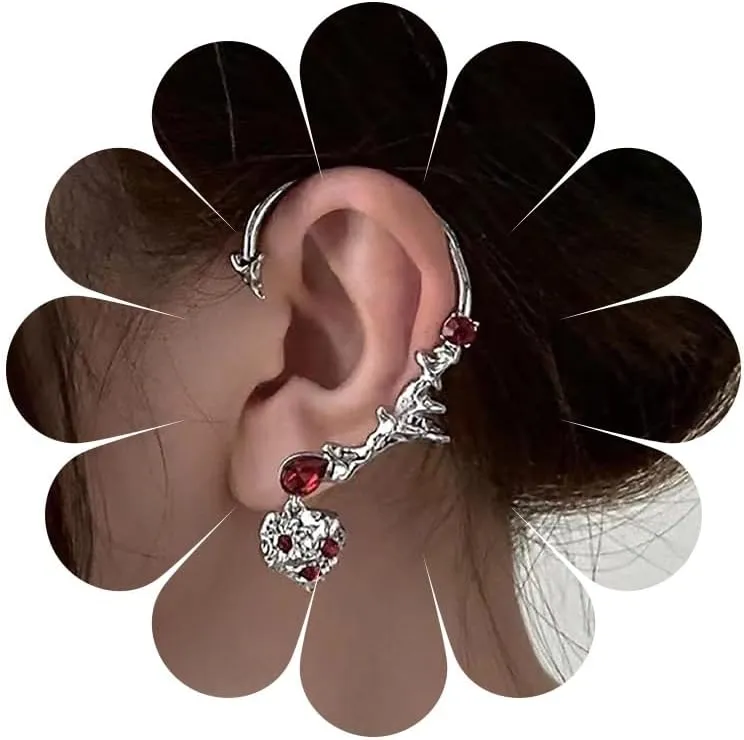 Andelaisi Boho Ruby Heart Cuff Crawler Earrings Vintage Heart Ear Cuff Wrap Earrings Silver Heart Ear Climber Earrings Punk Heart No Piercing Clip Earrings Jewelry for Women