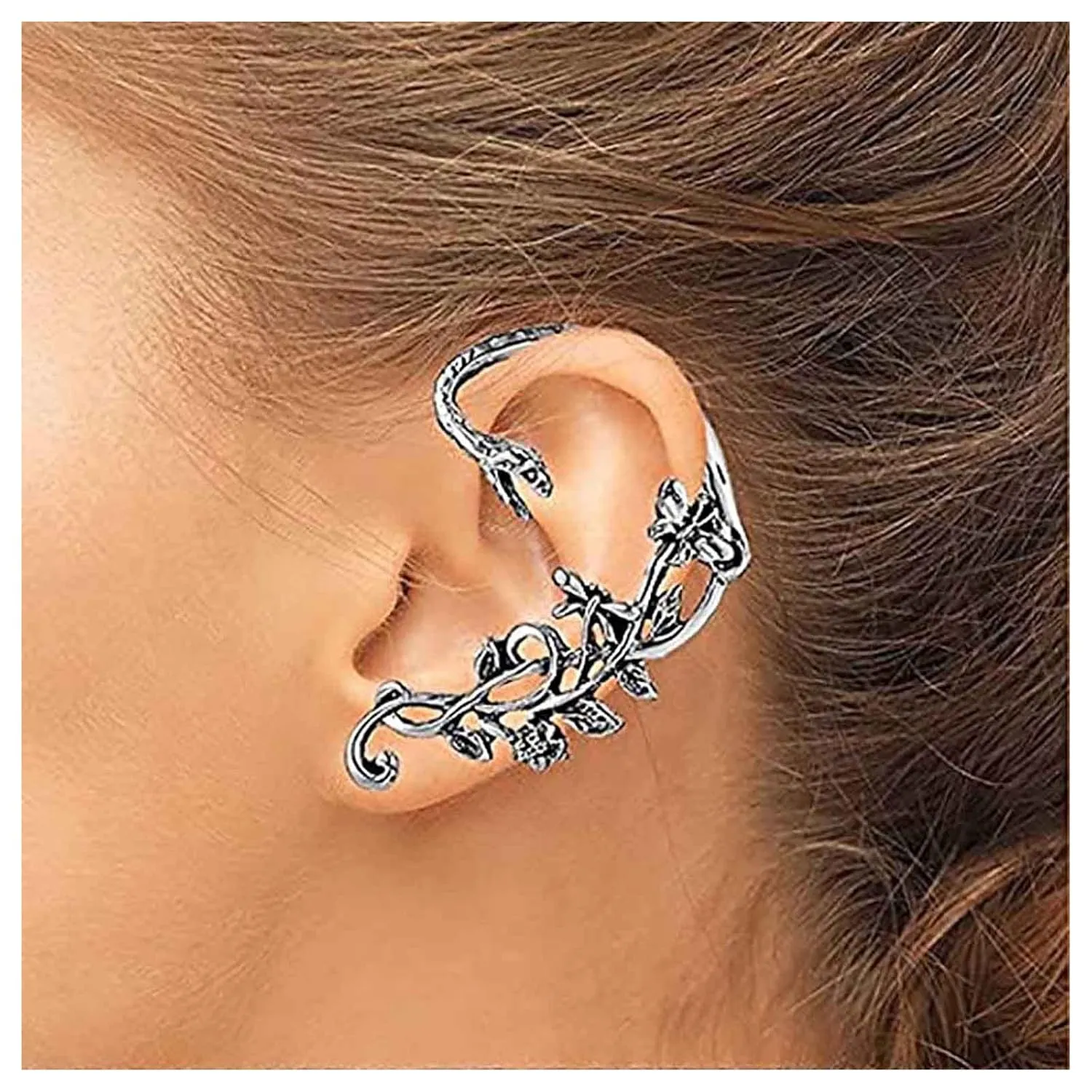 Andelaisi Boho Snake Ear Cuff Earrings Silver Snake Cuff Wrap Crawler Earrings Gothic Snake Crawler Climber Earring Vintage Flower Branch Ear Wrap Around Earrings Jewelry for Women and Girls