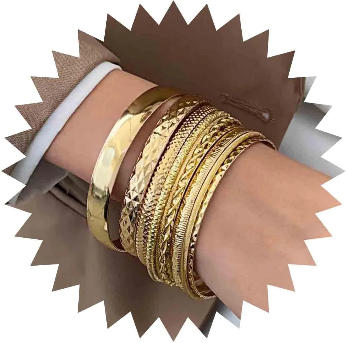 Andelaisi Punk Bangle Bracelet Gold Indian Bangle Bracelets Set Gothic Multi Stackable Wide Banglet Vintage Indian Bollywood Chunky Wide Bangle Bracelets Glossy Textured Bracelets(10PCS)(Gold)