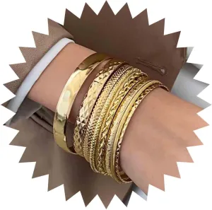 Andelaisi Punk Bangle Bracelet Gold Indian Bangle Bracelets Set Gothic Multi Stackable Wide Banglet Vintage Indian Bollywood Chunky Wide Bangle Bracelets Glossy Textured Bracelets(10PCS)(Gold)