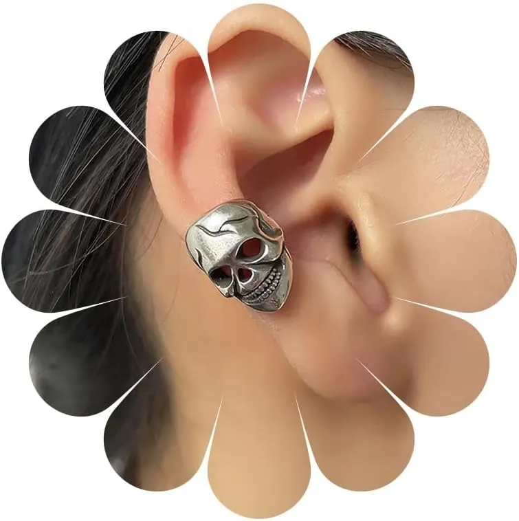 Andelaisi Skull Ear Cuff Earrings - Silver Skull Design - Clip On - Daily Wear - 1 Count - Female