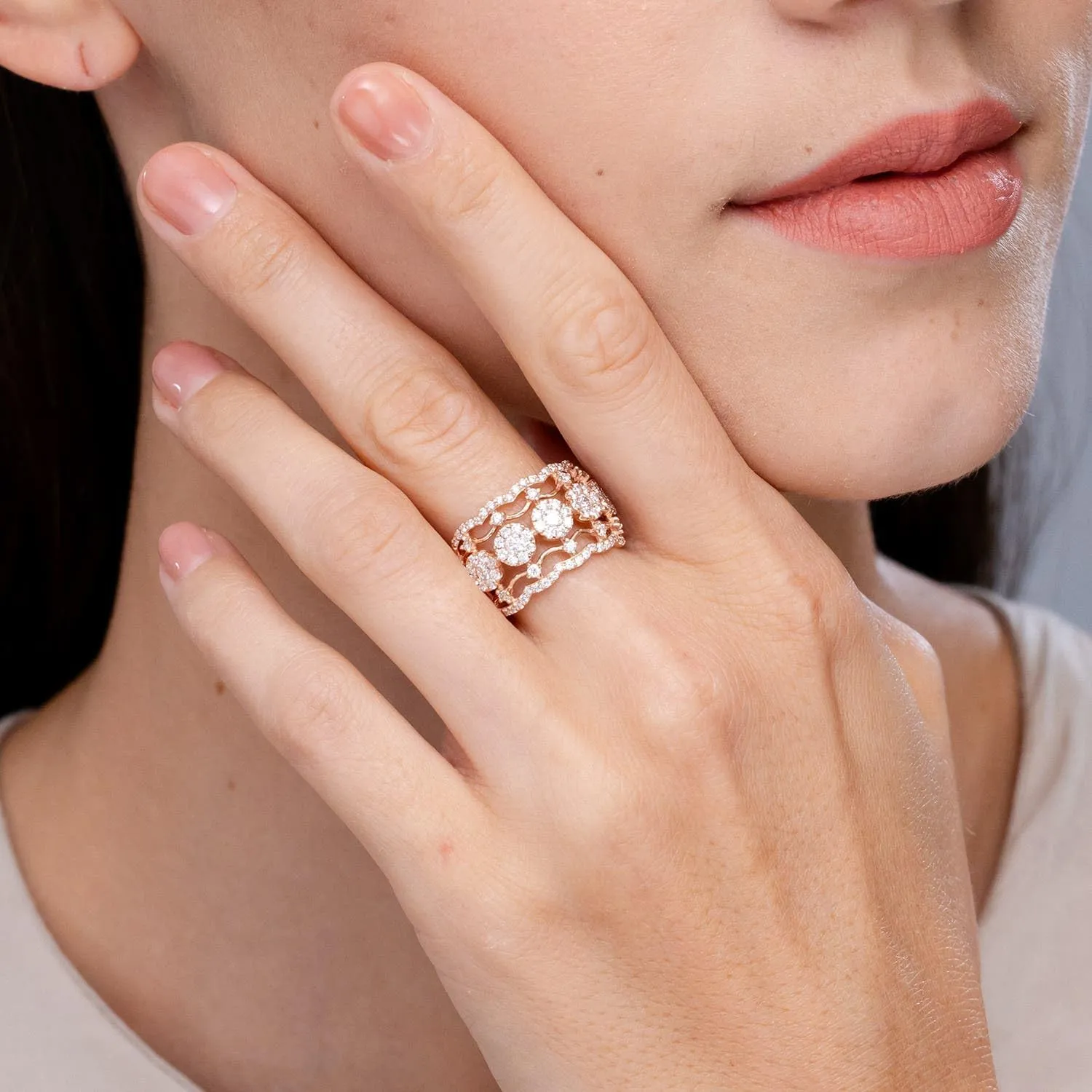 Angara Lab Grown Composite Diamond Scalloped Broad Anniversary Ring in Silver / 14K Solid Gold/Platinum | April Birthstone, Birthday, Engagement, Wedding Jewelry Gift for Women