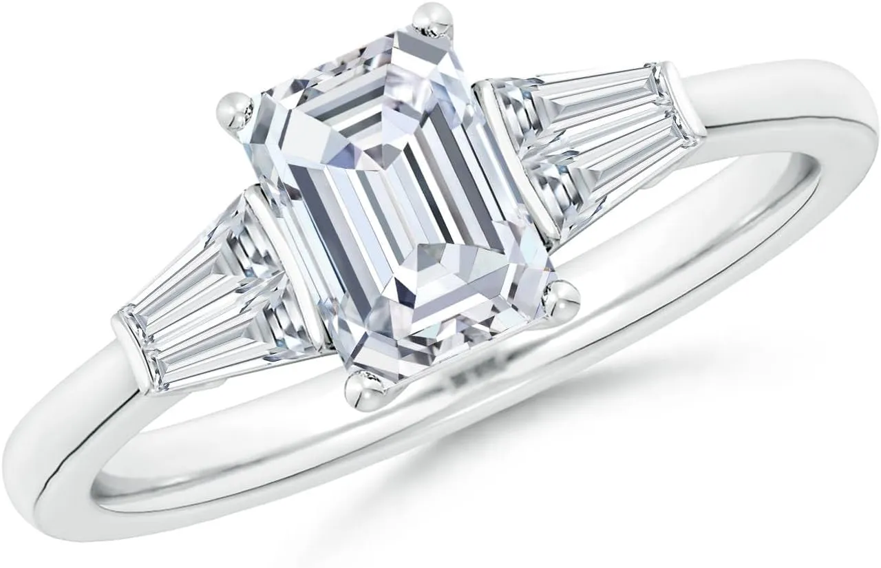 Angara Lab Grown Emerald-Cut and Twin Tapered Baguette Diamond Side Stone Engagement Ring in Silver / 14K Solid Gold/Platinum | April Birthstone, Birthday, Anniversary Jewelry Gift for Women