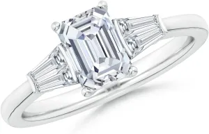 Angara Lab Grown Emerald-Cut and Twin Tapered Baguette Diamond Side Stone Engagement Ring in Silver / 14K Solid Gold/Platinum | April Birthstone, Birthday, Anniversary Jewelry Gift for Women
