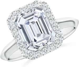 Angara Lab Grown Emerald-Cut Diamond Halo Knife-Edge Shank Engagement Ring in Silver / 14K Solid Gold/Platinum | April Birthstone, Birthday, Anniversary, Wedding Jewelry Gift for Women
