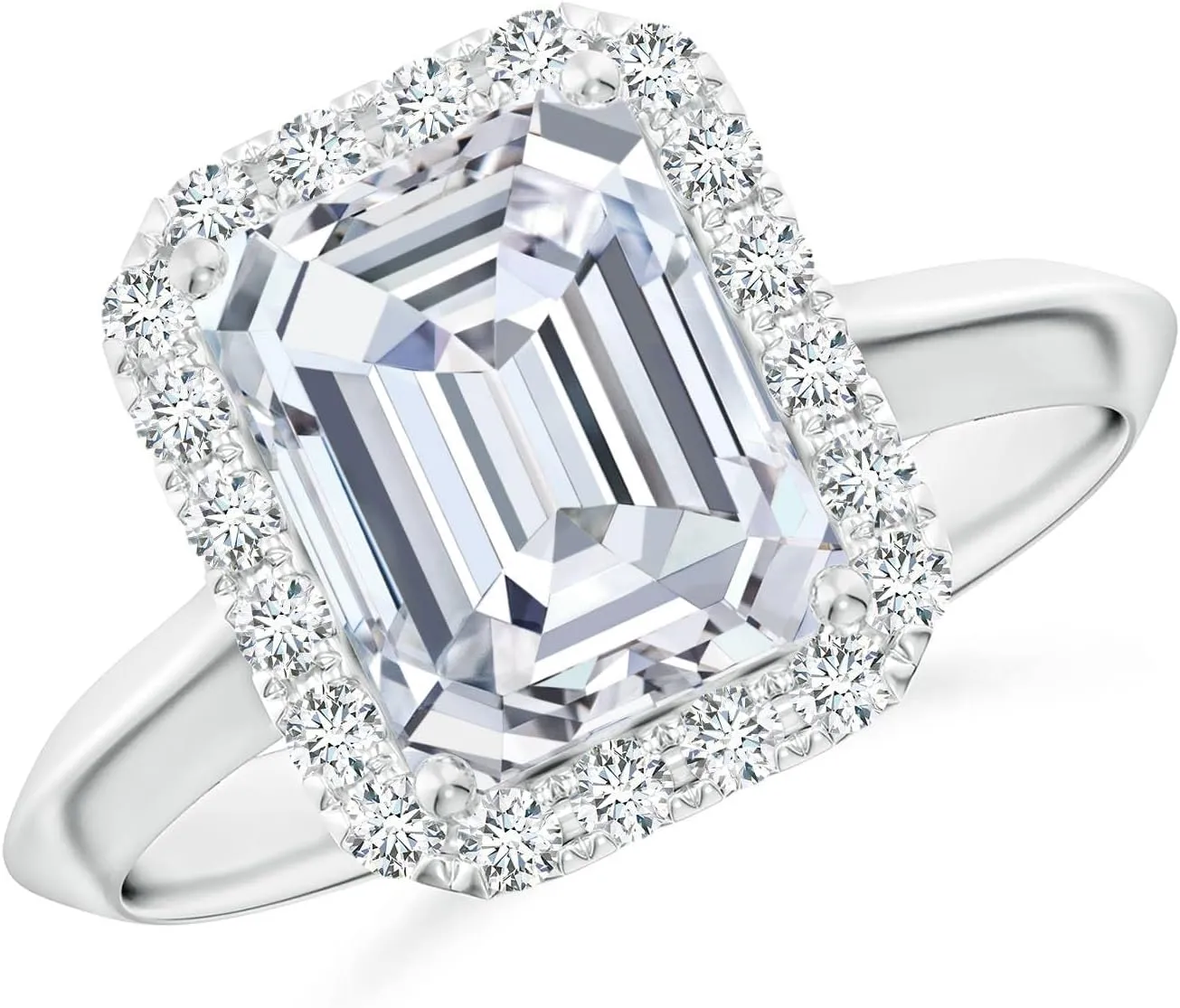 Angara Lab Grown Emerald-Cut Diamond Halo Knife-Edge Shank Engagement Ring in Silver / 14K Solid Gold/Platinum | April Birthstone, Birthday, Anniversary, Wedding Jewelry Gift for Women