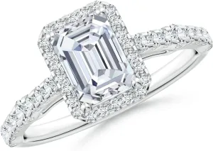 Angara Lab Grown Emerald-Cut Diamond Station Halo Engagement Ring in Silver / 14K Solid Gold/Platinum | April Birthstone, Birthday, Anniversary, Wedding Jewelry Gift for Women